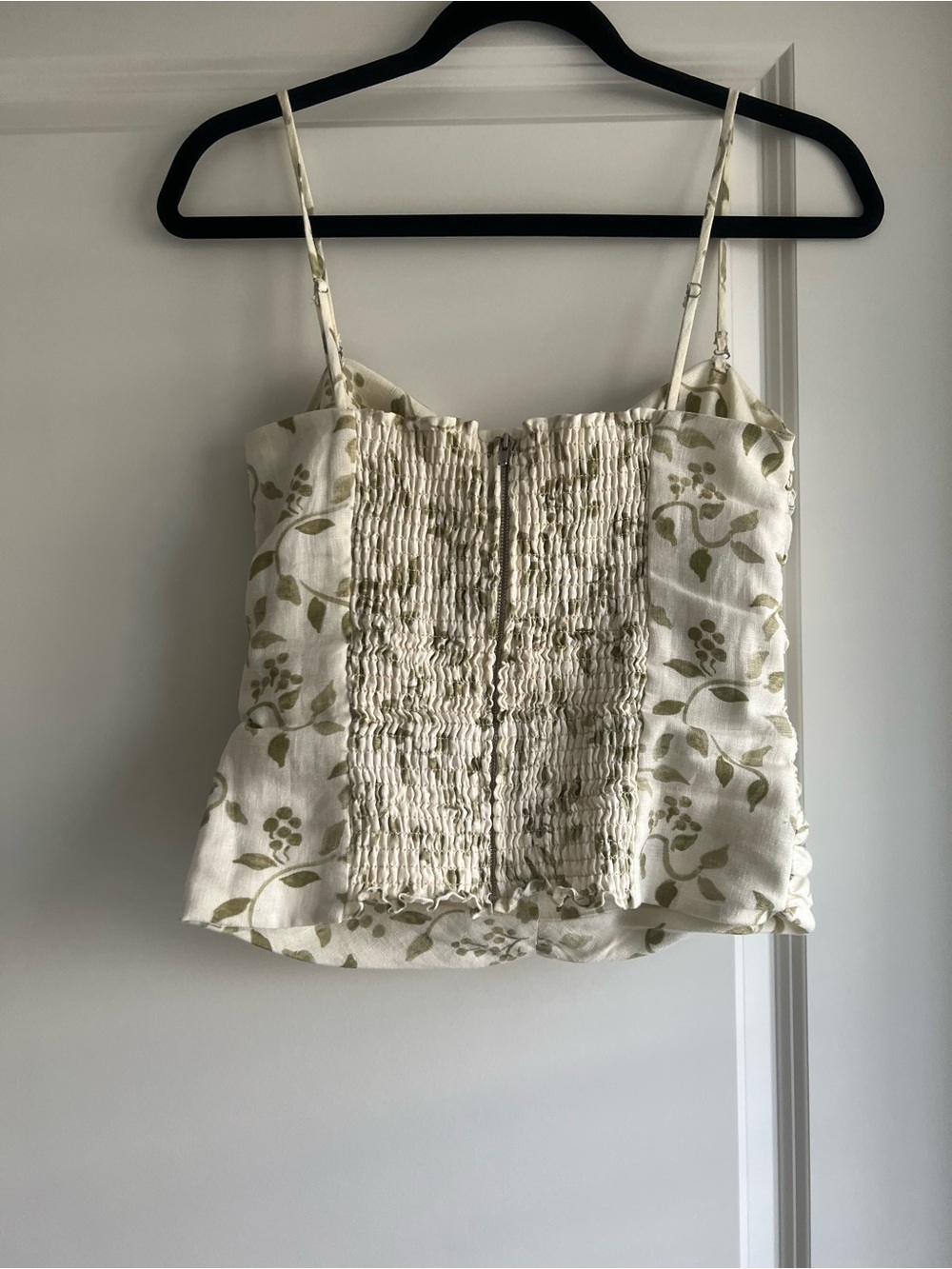 Reformation Linen Floral Ruched Spaghetti Strap Tank Top - White & Olive - Picture 2 of 2